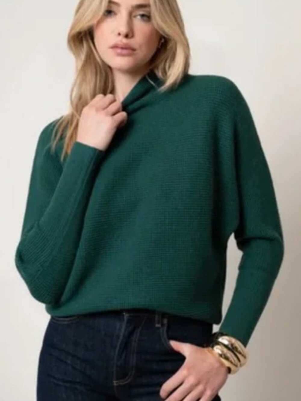 Magaschoni cropped rib knit turtle neck sweater green women's size XL